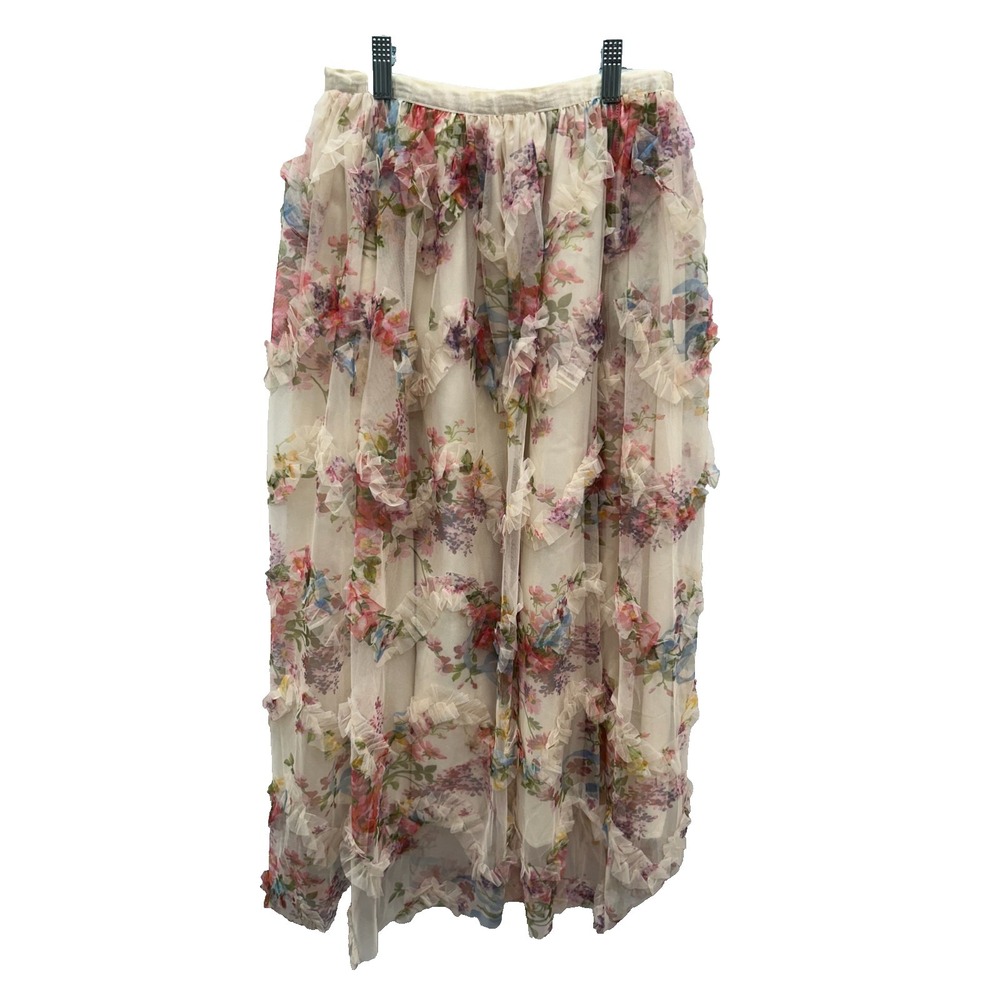 Shein Womens S Cream Midi Skirt Floral Fairy Ruffle Romantic‎ Cottagecore